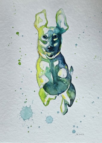 Aquarellbild  mit  rennendem Hund vor weissem Hintergrund
